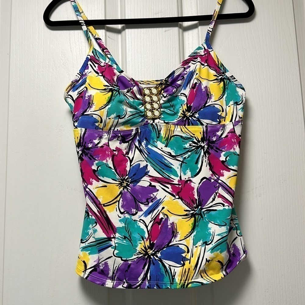 ANNE COLE Collection Floral Abstract with Metal Adornment Tankini Top Sz 12